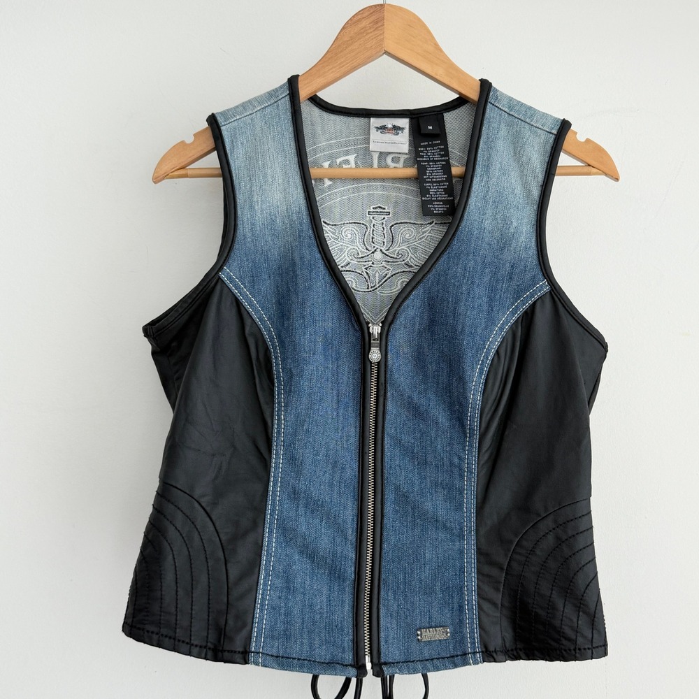 Vintage Harley Vintage Davidson Vest Womens Medium Denim Y2K Corset Lace Up - Picture 6 of 12